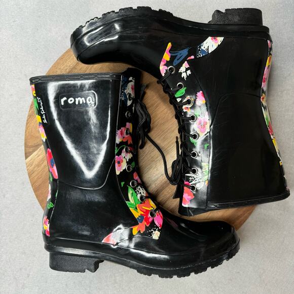 Roma Sadie Robertson Womens Size 9 Black Floral Short Lace Up Rain Boot - Picture 5 of 8